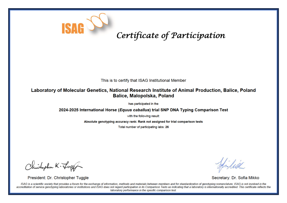 2024-2025 International Horse (Equus caballus) trial SNP DNA Typing Comparison Test